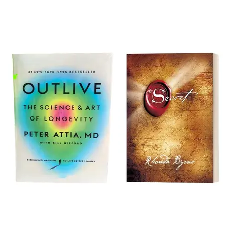 2Book English Paperback Books: Outlive Peter Attia & The Secret Rhonda Byrne Longevity Self Help Reading