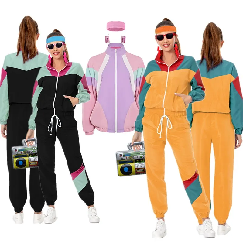 Adult Retro 80s 90s Cosplay Tracksuit Costume Women Sportswear Jacket Coat Headband Earings Outfits Halloween Carnival Suit