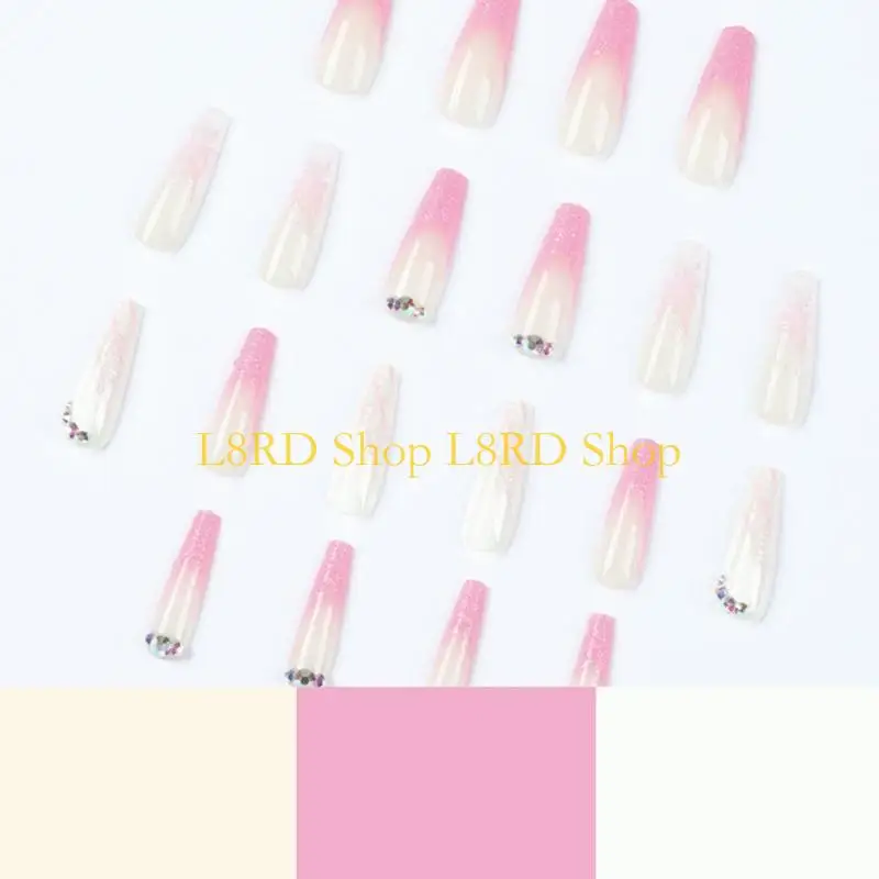 l8rd 24ピースフレンチチップネイルロングプレスオンネイルラインストーンデザインネイルグロー