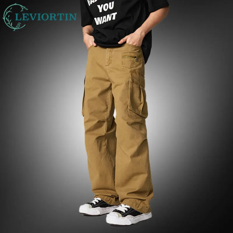 

Мужские свободные прямые брюки-карго из 100% хлопка, уличная одежда в стиле ретро, широкие функциональные повседневные удобные рабочие брюки с несколькими карманами