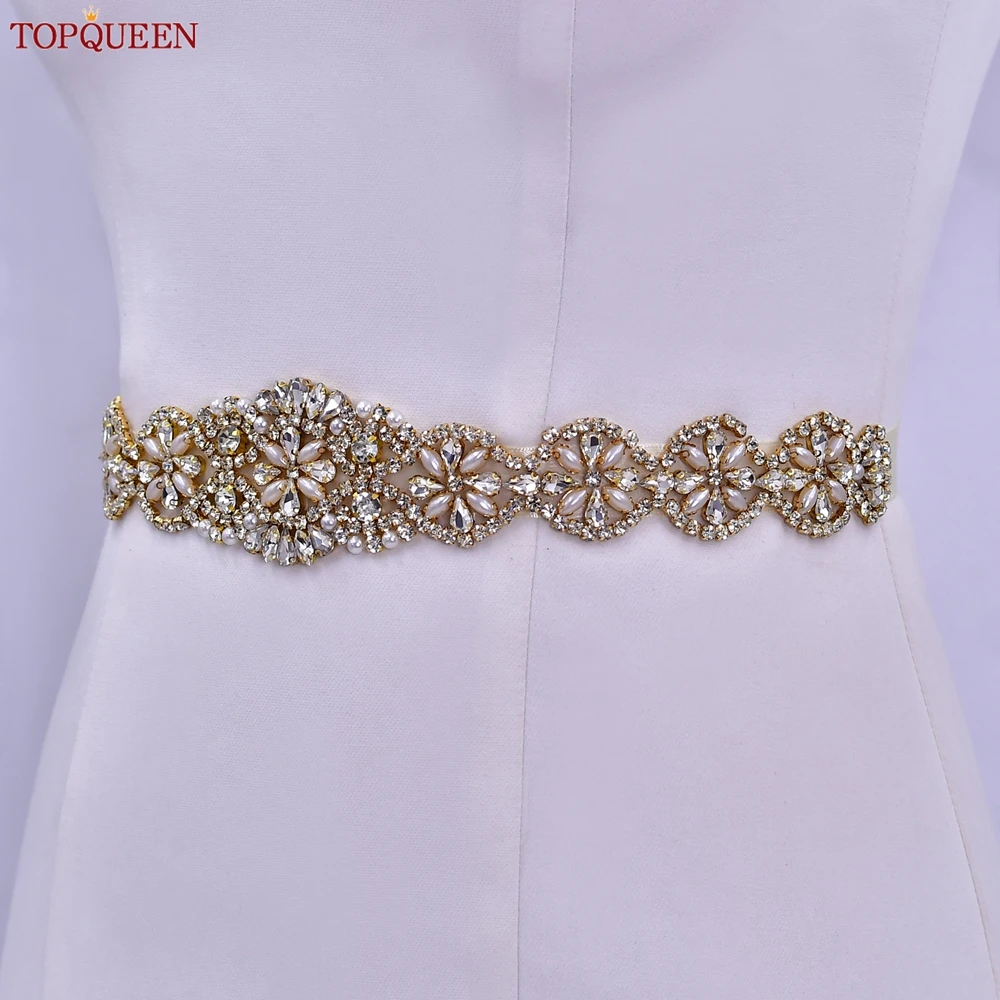 TOPQUEEN S161-G Wedding Gold Belt Pearl Rhinestone Belts for Dresses Diamond Applique Trim Beading Decoration for Wedding Bridal