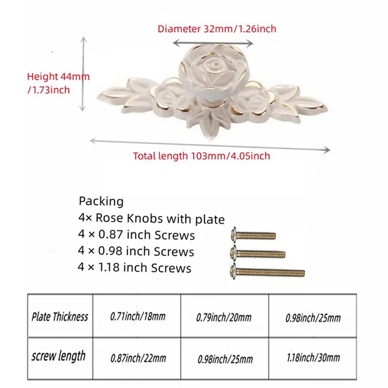 4 Pcs Euro Roses Cabinet Knobs with Backplate, Flower Drawer Pull Handles for Dresser Vanity Nightstand Cupboard