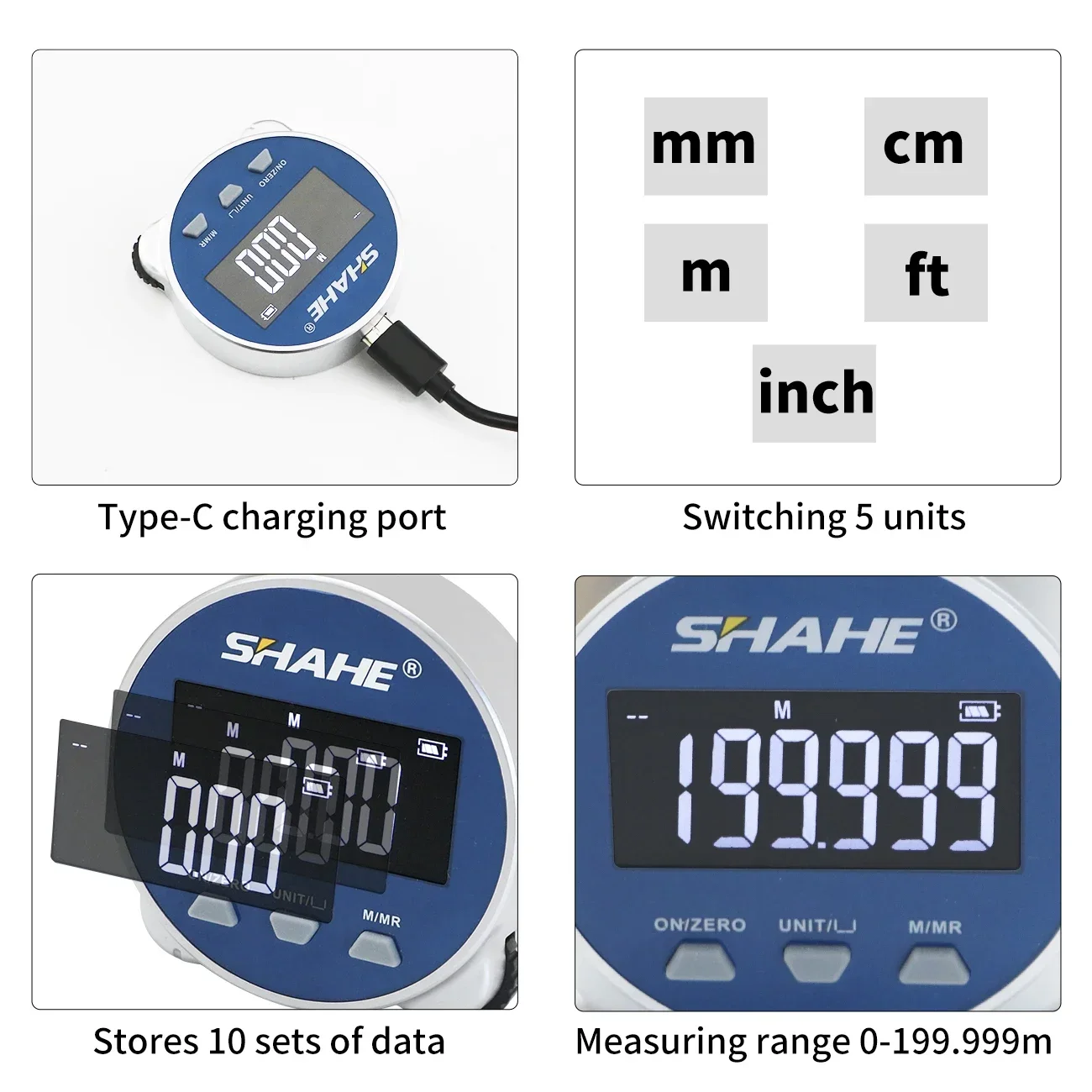 SHAHE Electronic Ruler LCD Display High Accuracy Handheld Length Measuring Tool Long Standby Rechargeable Digital Measuring Tape