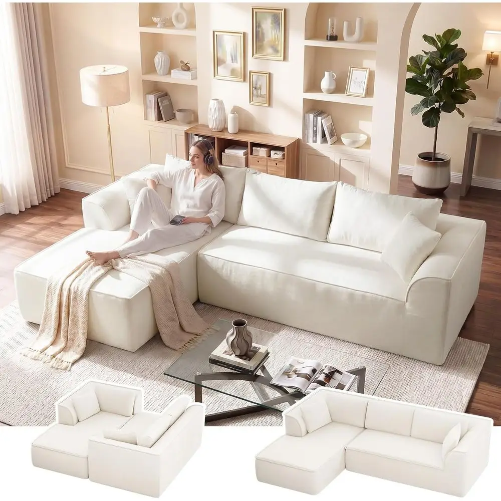 

Beige Chaise Sectional Sofa with Deep Seating and Chenille Memory Foam for Living Room or Bedroom, Ready to Use