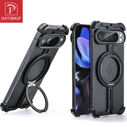 Oatsbasf Metal Phone Case for Google Pixel 9 / Pixel 9 Pro XL Phone Camera Protector Bazel-Less Cover w/ Magnetic Ring Stand
