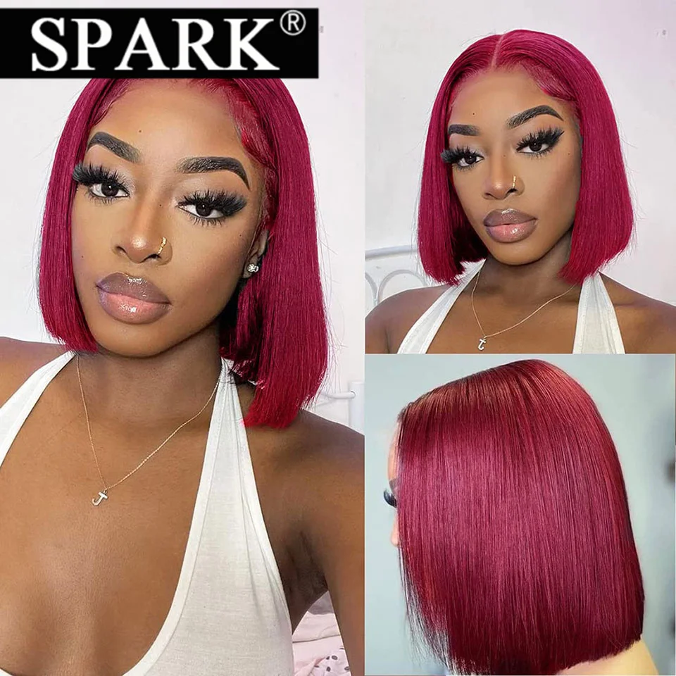 

Spark Burgundy Short Straight 99J Colored Bob Wig Brazilian Human Hair 13x4/4x4 HD Lace Frontal Middle Part Bob Wig 180% Density