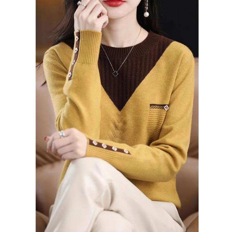 Women Clothing 2023 Autumn Winter Korean Style Patchwork Elegant Chic Knitted Sweaters Casual O Neck Long Sleeve Loose Pullovers