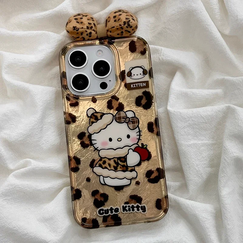 Kawaii Leopard Print Hello Kitty Phone Case for iPhone 16 15 14 13 Pro Max Sanrio Protective Cover with 3D Bow Tie Plush Doll