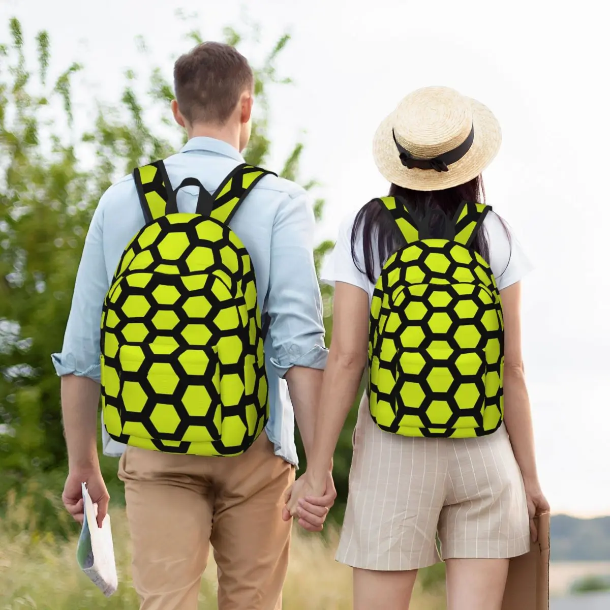 

Black And Bright Lime Hexagonal Print Backpack Student Boys Girls BookBag Children School Bag Laptop Shoulder Bags for Men Women