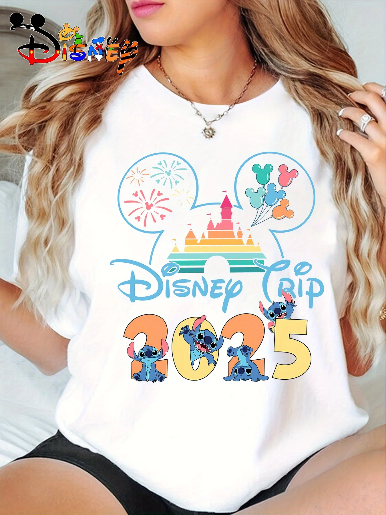 

2025 Disney Pattern Printed Women's Casual Comfortable Unique Smiling Face Black Round Neck Short Sleeve T-shirt