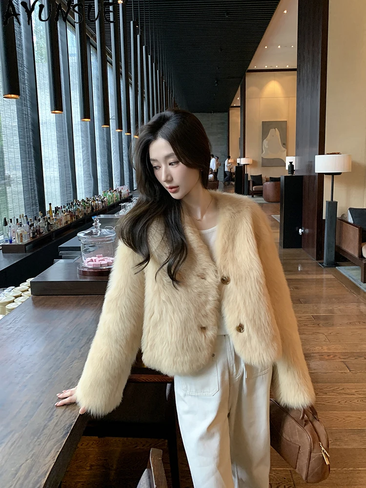 

AYUNSUE Женская куртка из 100% натуральной шерсти, роскошные короткие дубленки, женская одежда, новинка зимы 2025 года, верхняя одежда Кофта С Мехом