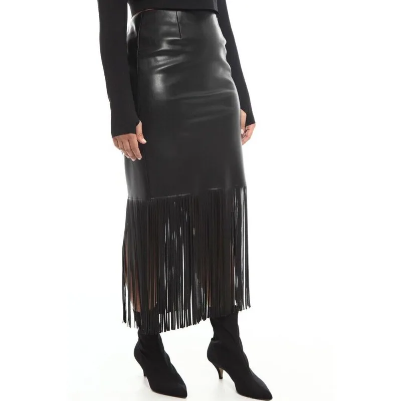 Women's Black Sheepskin Skirt 100% Tassel Long Skirt European and American Fashion Trend