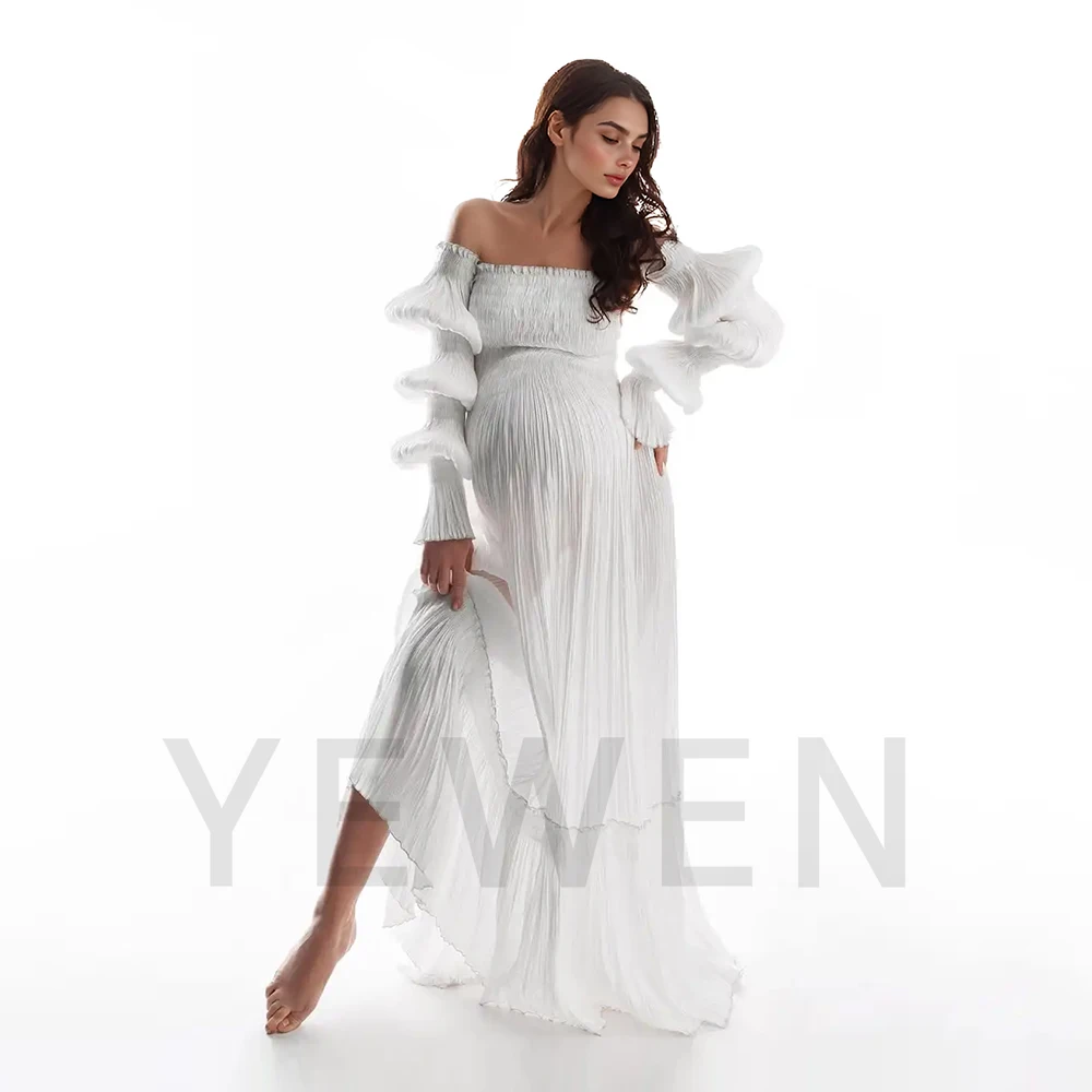 Off-shoulder geplooide zwangerschapsfotoshootjurk Lange jurken met lantaarnmouwen voor zwangere fotografie Strandfotoshootoutfits ​