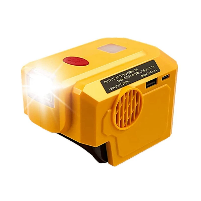 Inversor de corriente de 200W para Dewalt, batería de litio de 20V, adaptador USB de corriente portátil con luz LED