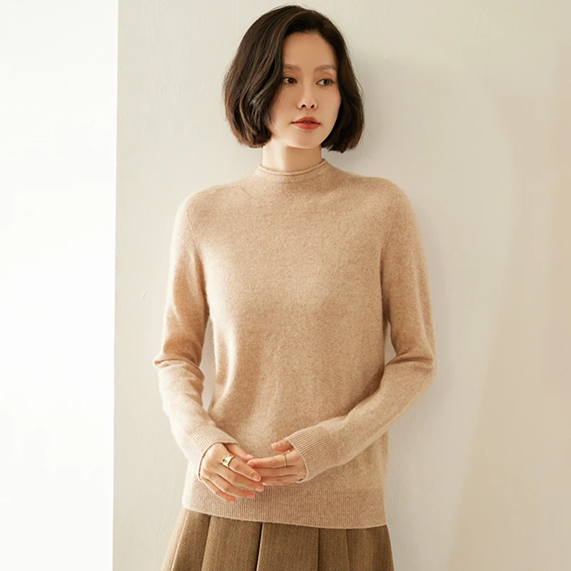 Autunno Inverno Nuove donne lavorate a maglia maglione di cashmere 100% colore puro collo mezzo alto camicia con fondo allentato pullover casual con bordo arrotolato