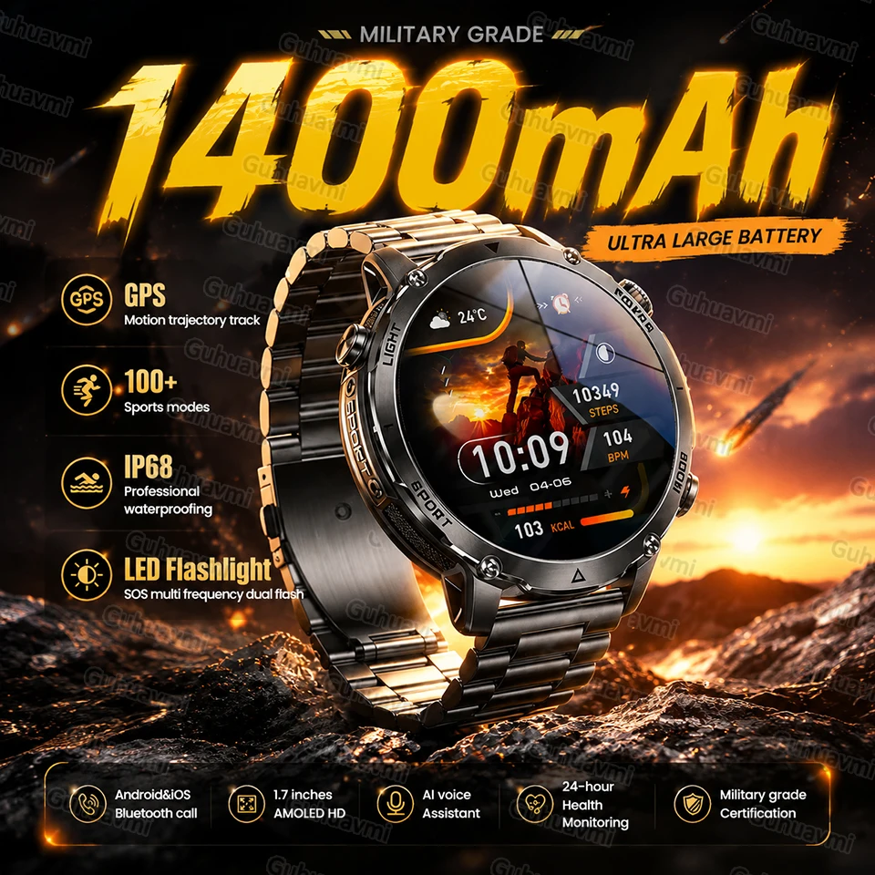 

2026 New Military GPS Smart Watch 1400mAh Battery SOS Flashlight IP68 Waterproof Bluetooth Call AMOLED Sport Smart Watches man