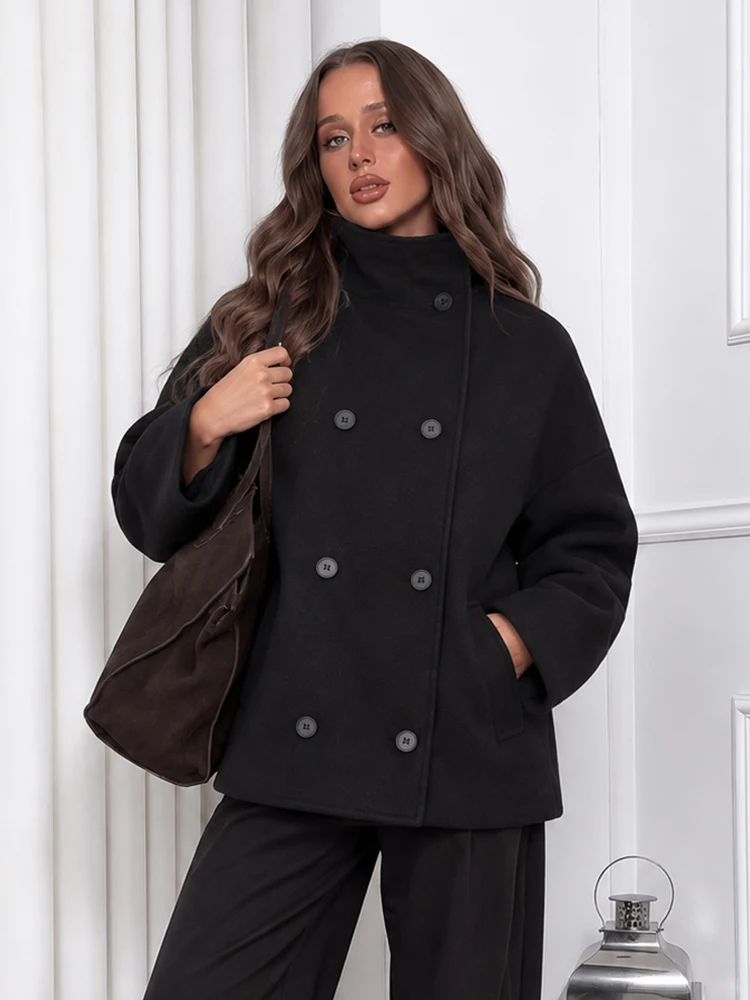 HH Women Fashion Black Wool Coat Retro Double Breasted Simple Versatile Stand Collar Jacket Warm Autumn Winter Street Outerwear