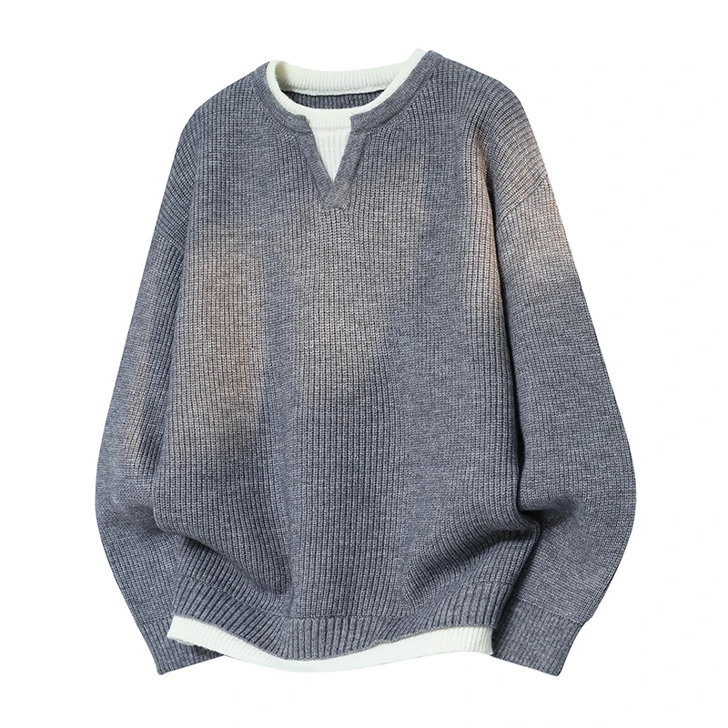 

Мужской вязаный свитер в ленивом стиле, пуловер, осень-зима, свободный крой, искусственная двухсекционная повседневная верхняя одежда, многослойная основа, мужской вязаный свитер