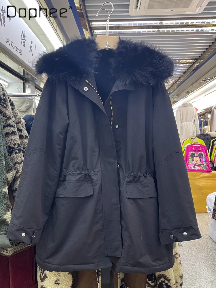 

2025 Winter New Korean Style Oversized Faux Fur Collar Parka Faux Rabbit Fur Inner Lining Mid-Length Workwear Cotton Jacket