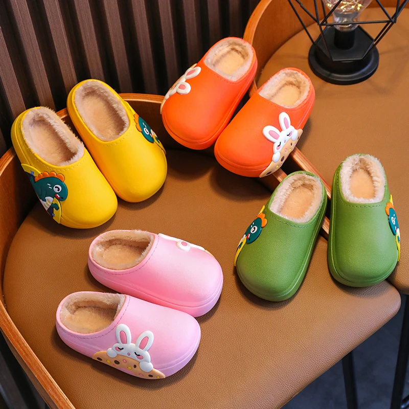 Toddler Kids Cartoon Plush Lined Slippers, Dinosaur & Rabbit Decor, Waterproof Upper, Non Slip Sole, Warm Indoor House Shoes