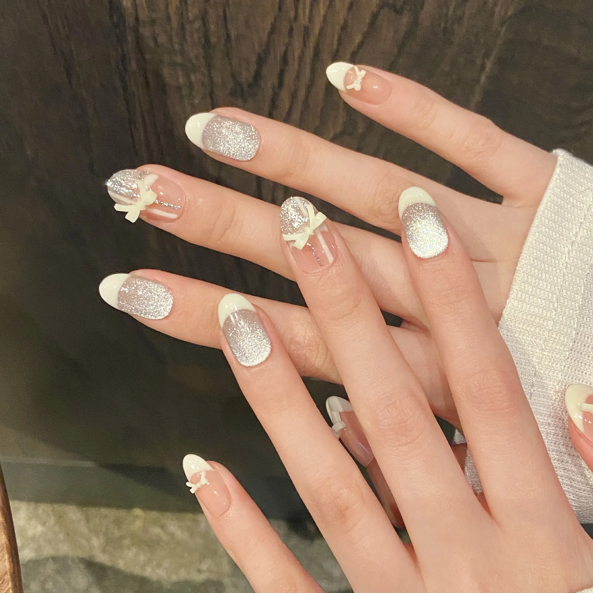 10 قطعة الوردي اليدوية رسومات أظافر صناعية عين القط الفرنسية قصيرة البيضاوي وهمية مسمار نصائح القوس الكرز تصميم اضغط على الأظافر مجموعات قابلة لإعادة الاستخدام #5