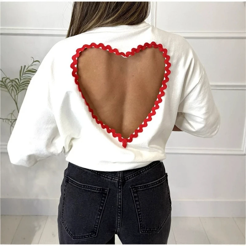 2026 Sweet Cool Style White Back Hollow Heart Oversize Design Sense Niche Short Sleeve Top