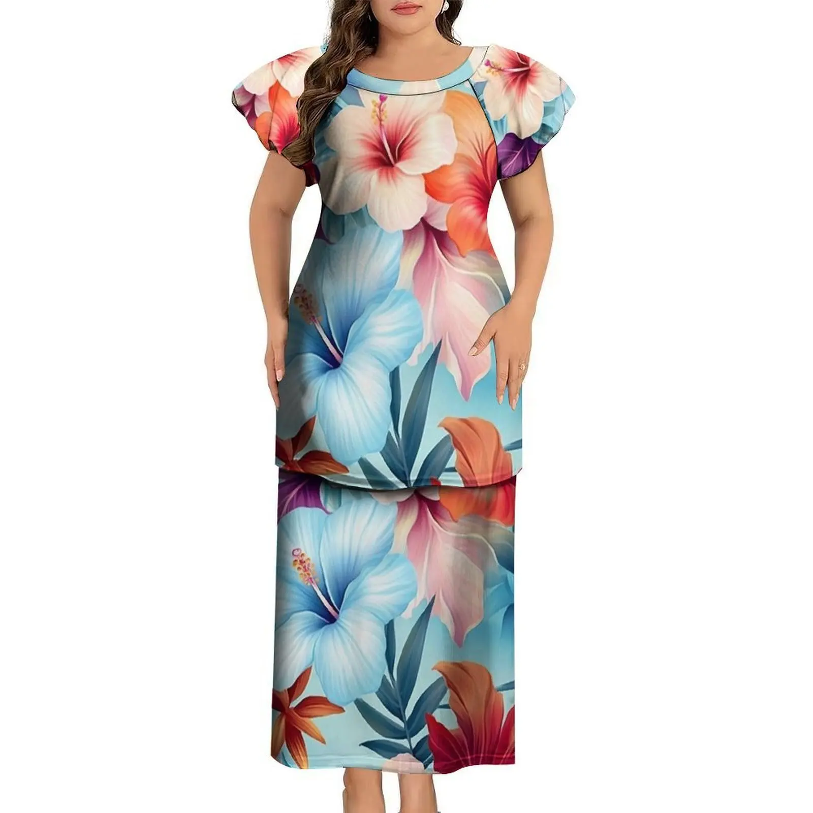 Hibiscus Flower Design Lantern Sleeve Slimming Women'S Dress Set Puletasi Polynesian Custom-Made Fitted Evening Dress