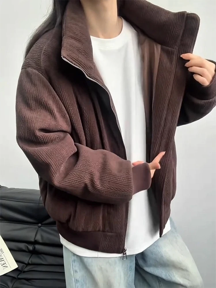 

Men's Thiened Cotton Jaet with Wheat Ear Pattern in Caramel Color Stand Collar Winter Outerwear Casual Faion Sle