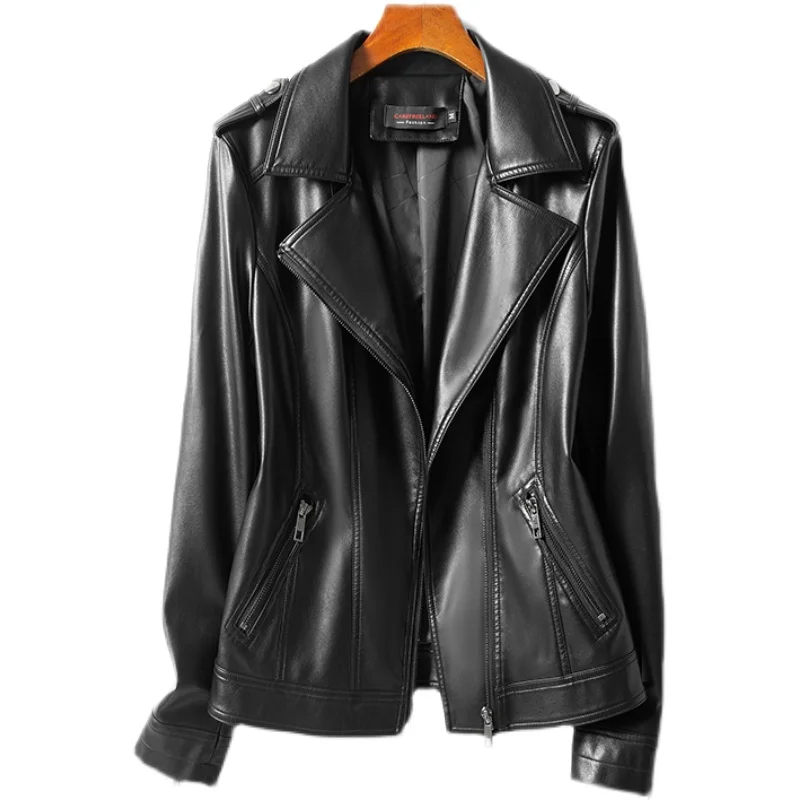 Genuine leather jacket women's short slim fit large size Korean version 2025 spring and autumn new sheepskin jacket black coat