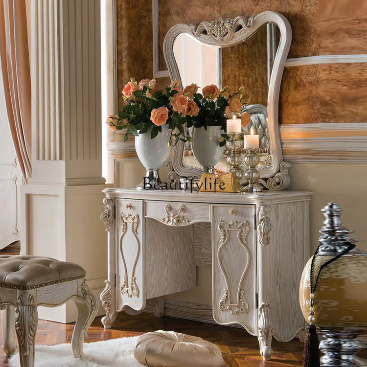 

European high-end carved dresser combination solid wood dressing stool mirror