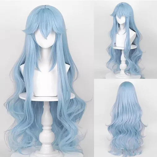 Wig wanita biru sintetis panjang bergelombang, Wig Cosplay Game Anime halus tahan panas untuk pesta sehari-hari