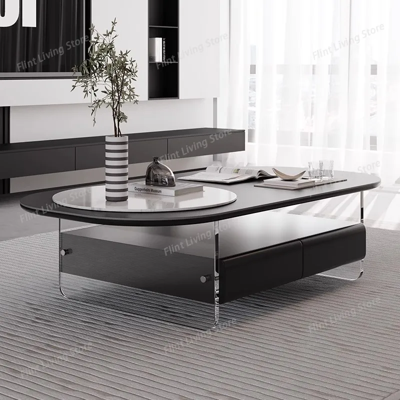 

​​Nordic Floating Acrylic Coffee Tables Oval Black Marble Double Layer Modern Luxury Designer Aesthetic Café Furniture