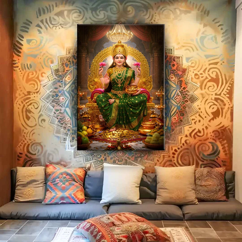 Divine Wealth Goddess Lakshmi Wall Art - Premium Canvas Poster with Frame for Spiritual Home, Office or Gift Luxury Painting