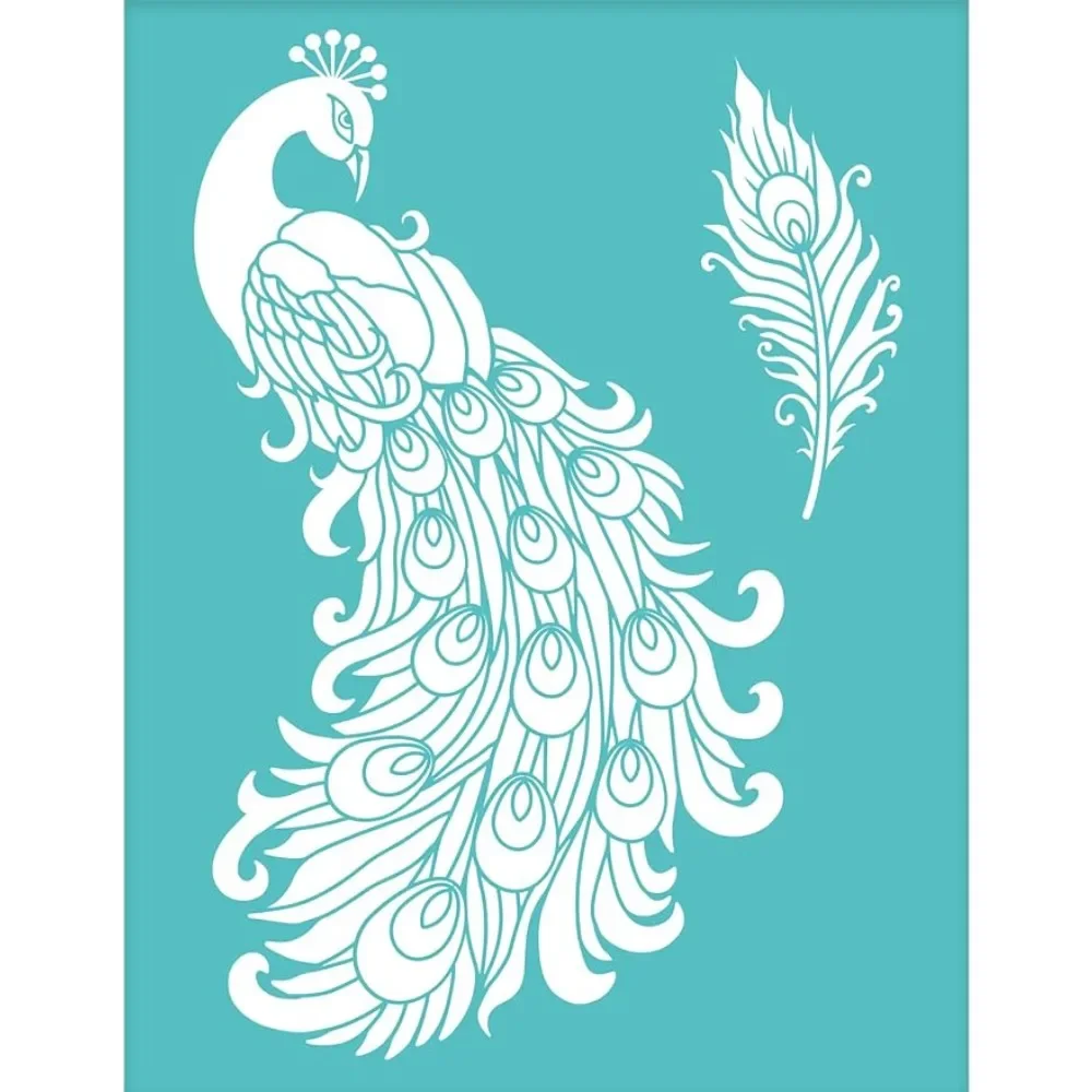 2Pcs Peacock Stencil 8.6x11 Inch Self-Adhesive Silk Screen Printing Stencil Reusable Feather Mesh Stencil Transfer Washable Home