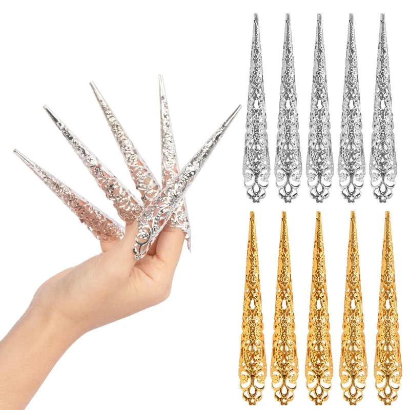 D0LC Fingertip Claw Rings Nails Decoration Chinese Finger Claws Belly Dance Finger Nails Full Finger Rings False Long Nails