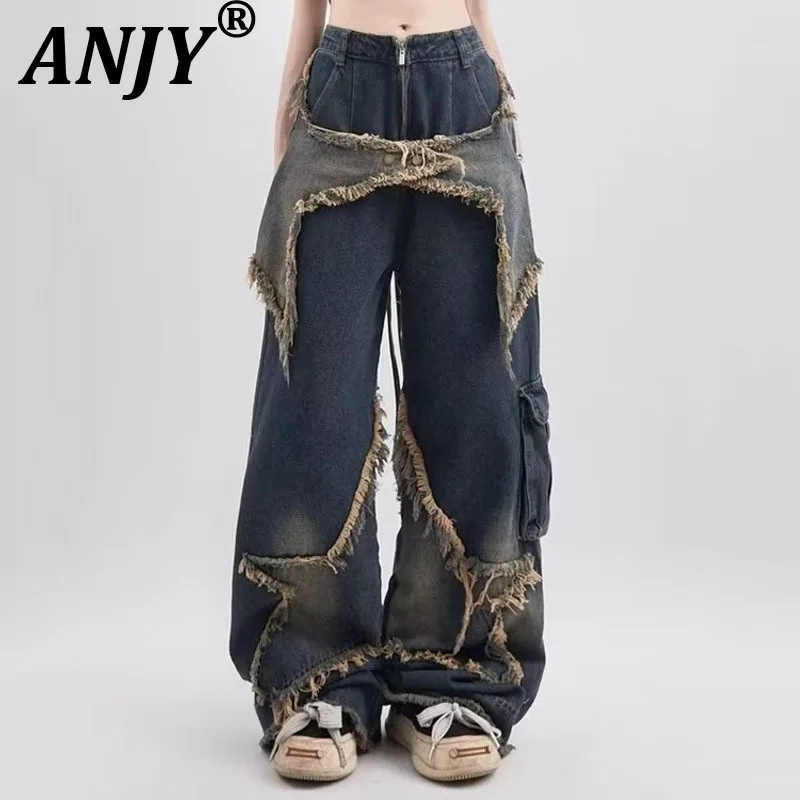 

ANJY Autumn Niche Design Streetwear Patchwork Fashion Vintage Straight Jeans Ins Frayed Edge Star Pattern Versatile Pants A10445