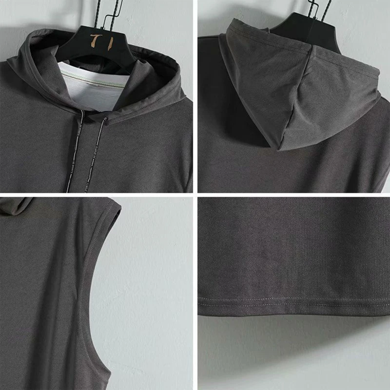 Mens Summer Sleeveless Drawstring Hooded for Tank Top Solid Color Gym Fitness Sports T-Shirt Hip Hop Loose Blouse Vest