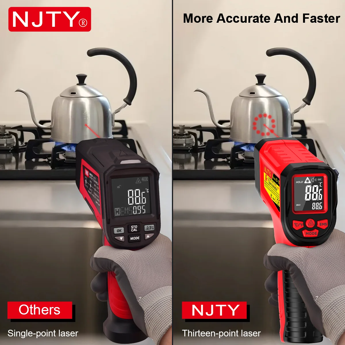 NJTY JD-10 Infrared Thermometer Multi-Point Non-Contact IR Temp Gun -58°F to 1472°F Industrial Pyrometer Adjustable Emissivity