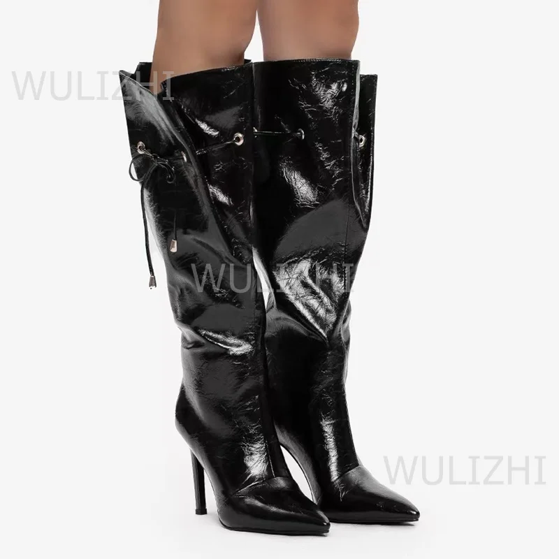 

Women's Black Shiny Glossy Knee-High Lace-Up Boots Elastic Band Stiletto Heels Casual Winter Fashion Shoes Calves Pointed Toes