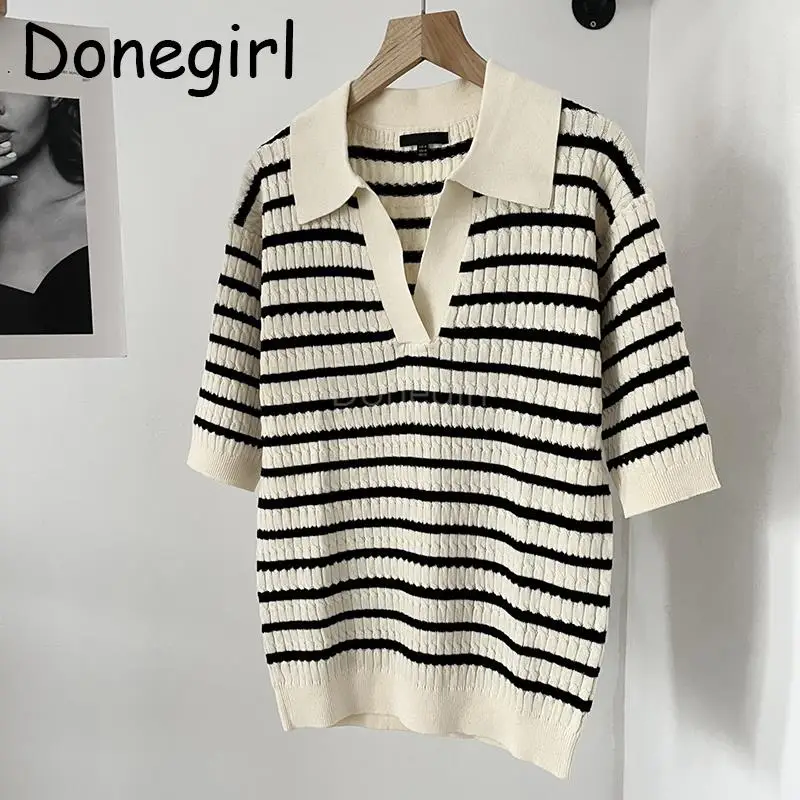 Donegirl Fashion 2023 Women New Summer Short Sleeve Striped Knitted Sweater Polo T-shirt Casual Simple Pullover Tops Female Chic