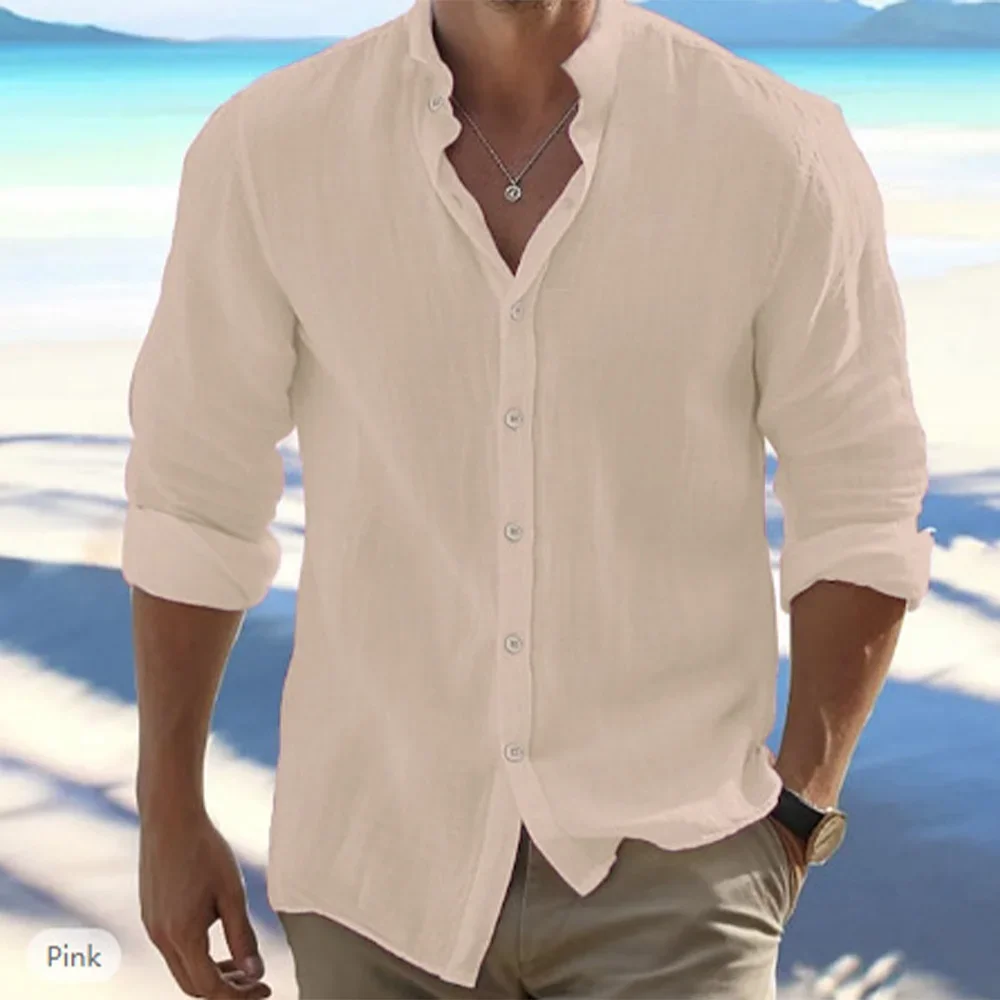 

Cotton Linen Hot Sale Men's Long-Sleeved Shirts Summer Solid Color Stand-Up Collar Casual Beach Style Plus Size