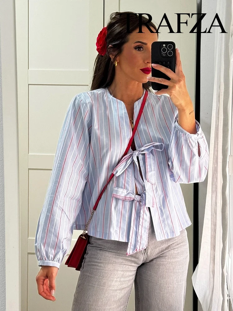 TRAFZA Dames Zomermode Blouses V-hals Strik Veters Poplin Kort Shirt Vrouwelijk Veelzijdig Chic Elegant Casual Vrouw Top
