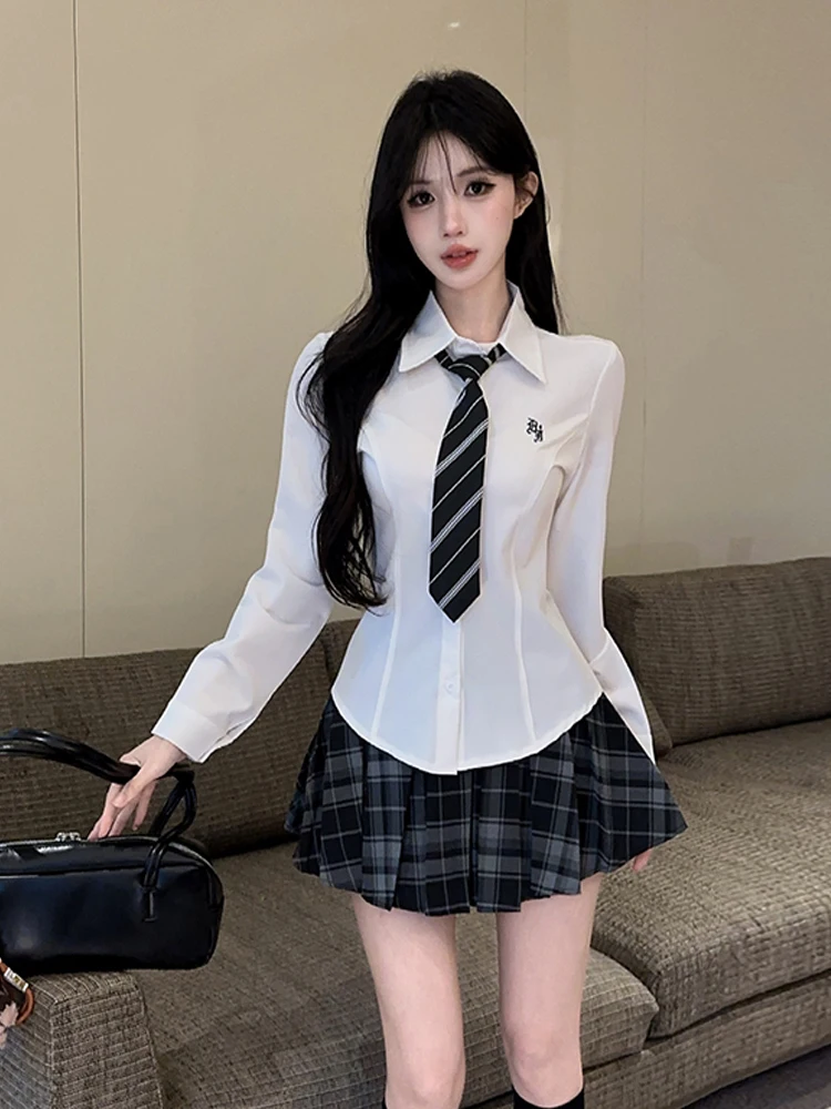 Slim Fit American Hot Girl Style Shirt And Skirt Set Long Sleeve Plaid Single Button Turn-down Collar Casual Uniform for Women