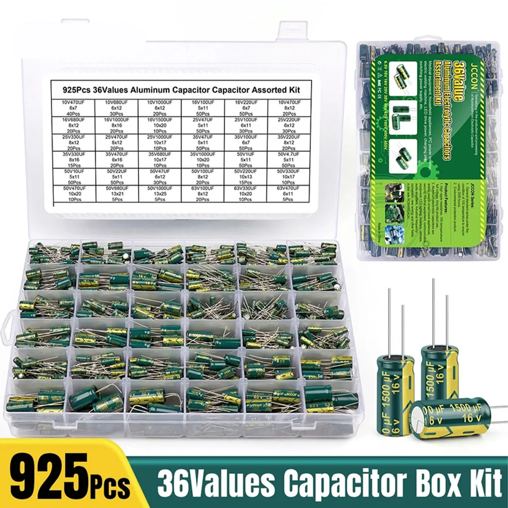 925pack lot Durable Electrolytic Capacitor Assortment - 36Values Aluminum ESR Low Capacitor Kit Large Capacity Wide 925PCS