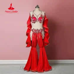 Belly Dancing Suit Women's Customized Senior AB Stones Bra+Sleeves+Pearl Tassel Pants 3pcs Oriental Dance Performance Costumes