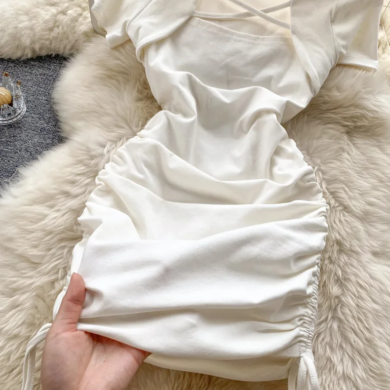 Dress Girls Summer New Square Neck Drawstring Solid Color Fashion Short Sleeved 2024 Simple Elastic Waist Fashion