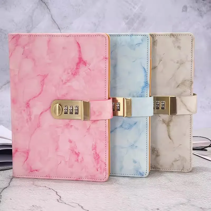 Business Notepad Password Notebook Macaron Marble Pattern Student Diary With Lock Office Journal Stationery Leather Loose Leaf