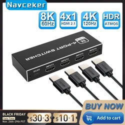 Navceker HDMI 2.1 Switch 8K 60Hz 4K 120Hz 4 in 1 out for TV Xiaomi Xbox Series X PS5 HDMI-compatible Monitor HDMI Switcher