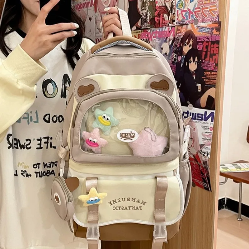 

HAEX Kawaii School Backpack Female Cartoon Bear Patchwork Large Capacity Commute Women Bags Transparent Badge Designer Mochilas