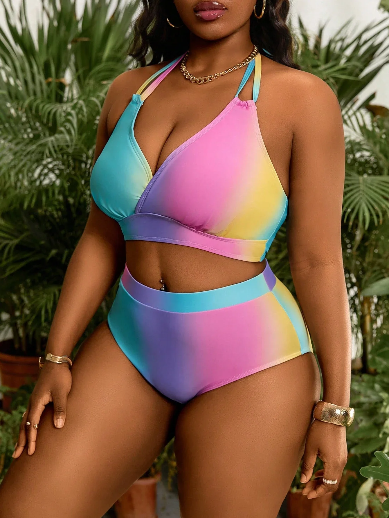 

Plus Size Women's Gradient Color Halter Bikini Set With Mesh Skirt For Beach Vacation